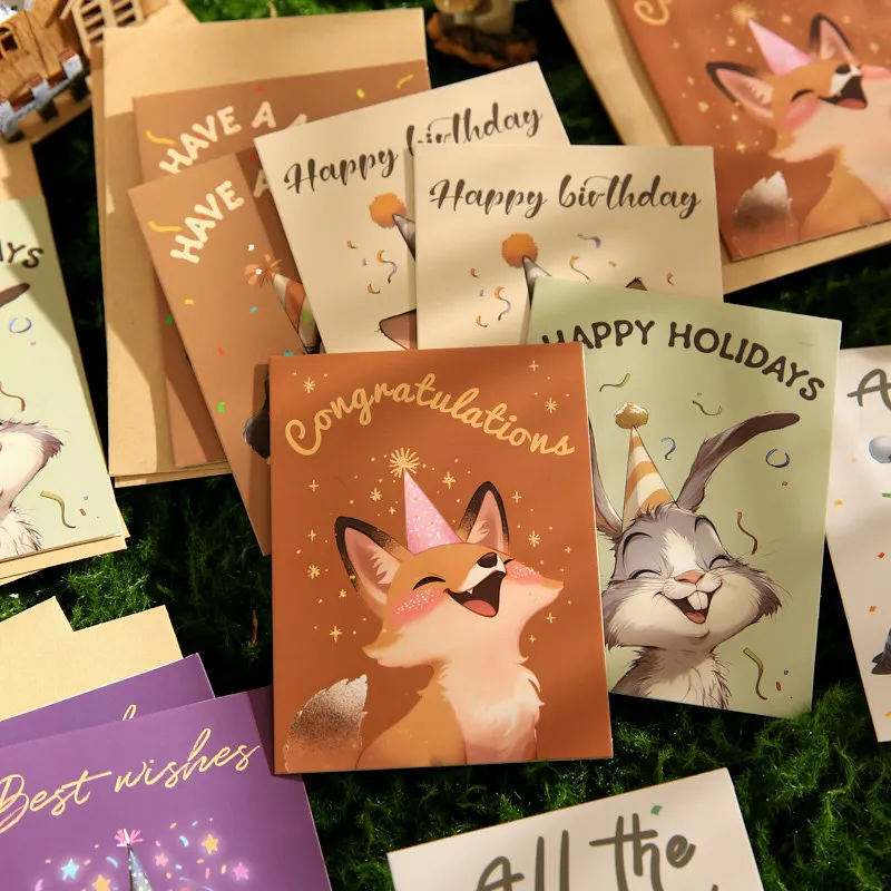 

2Pcs/bag Rectangle Greeting Cards Kawaii Cat Dog Fox High-Value Cards Birthday Greeting Cards with Words and Envelopes