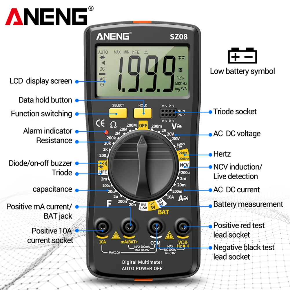 ANENG SZ08 Digital Ultra-thin Multimeter Storage Professional Meter Auto Voltmeter AC DC 220V Resistance Handhold Testers