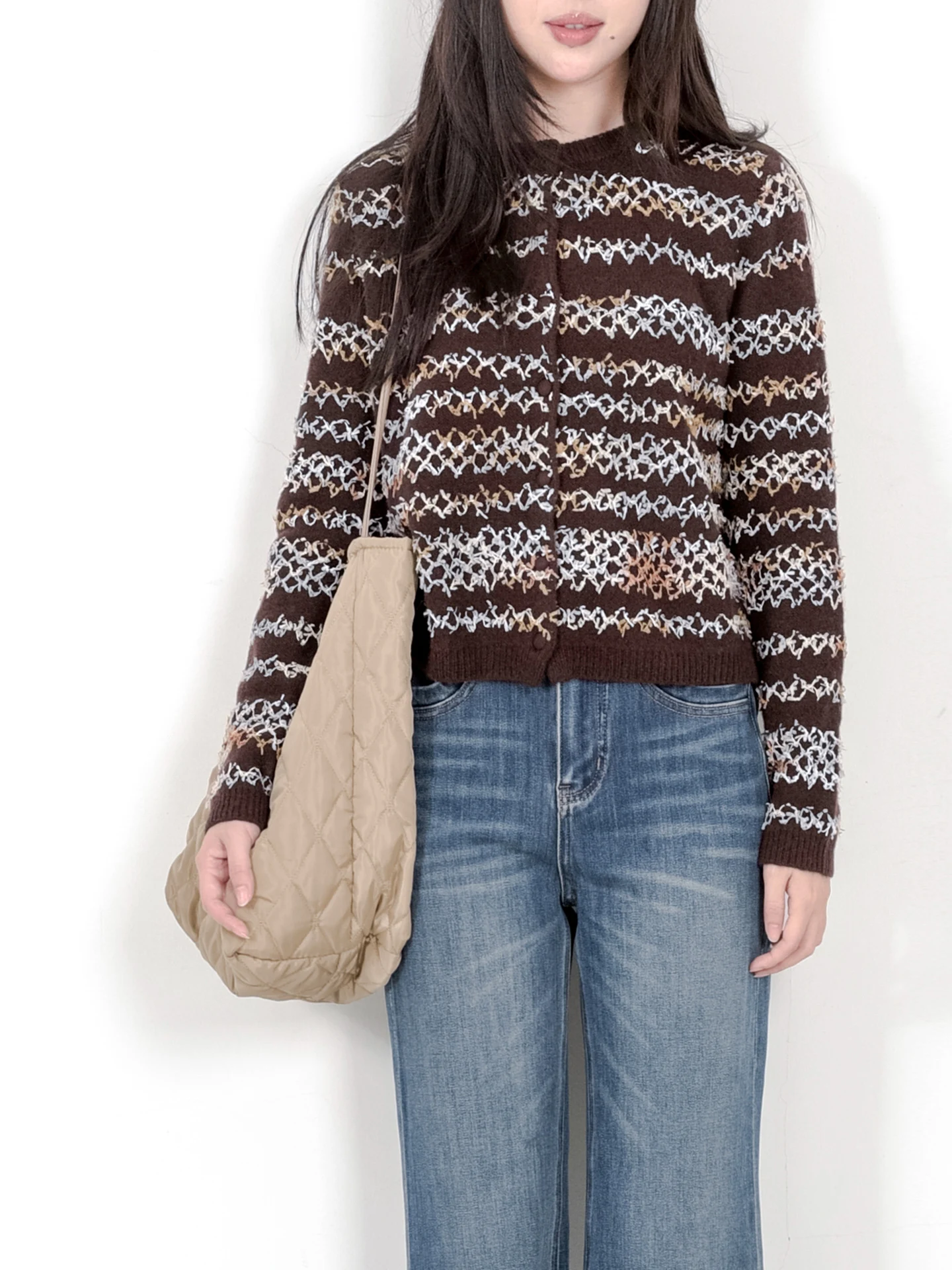 

Осенне-зимний полосатый шерстяной вязаный кардиган с цветовыми блоками для женщин, модный повседневный стиль, стандартный крой, длинный рукав