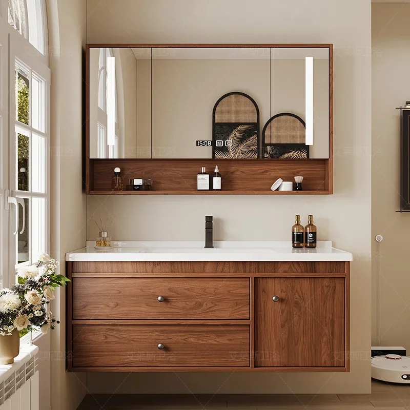 

Walnut Bathroom Cabinet with Sink Combination Toilet with Drawers and Storage Ceramic Integrated Washbasin Smart Mirror Vanity