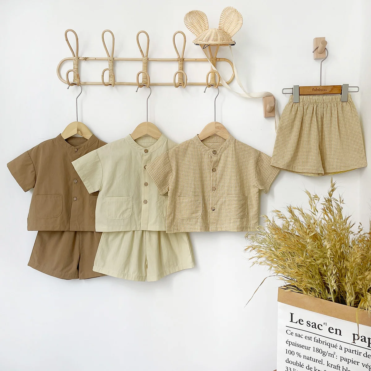 Spring Summer Kids Suit Clothes 3 Solid Colors Short-sleeve Shirt ➕ Short Pant 2pcs Kids Set 1-5 Y