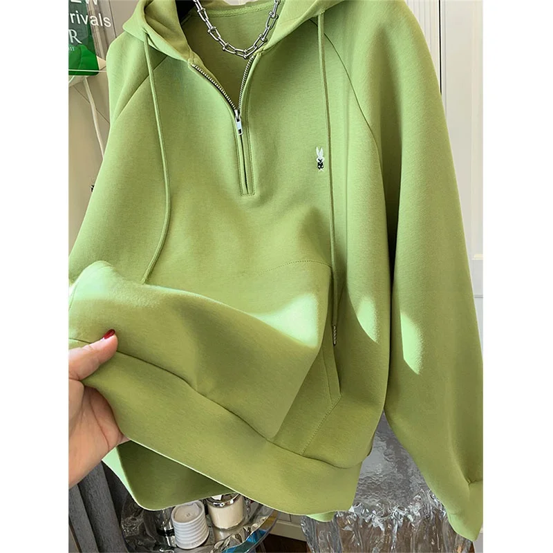 Sudadera Extra grande de algodón con capucha y cremallera de conejo bordado de 300 bolsas para mujer, sudadera holgada de gran tamaño para ocultar carne a la moda
