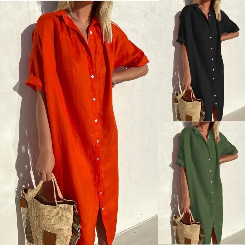 Summer Women's Shirt Dress Short Sleeve Button Cardigan Loose Cotton and Line Blend Pocket Casual Vacation Mid-Long Skirt