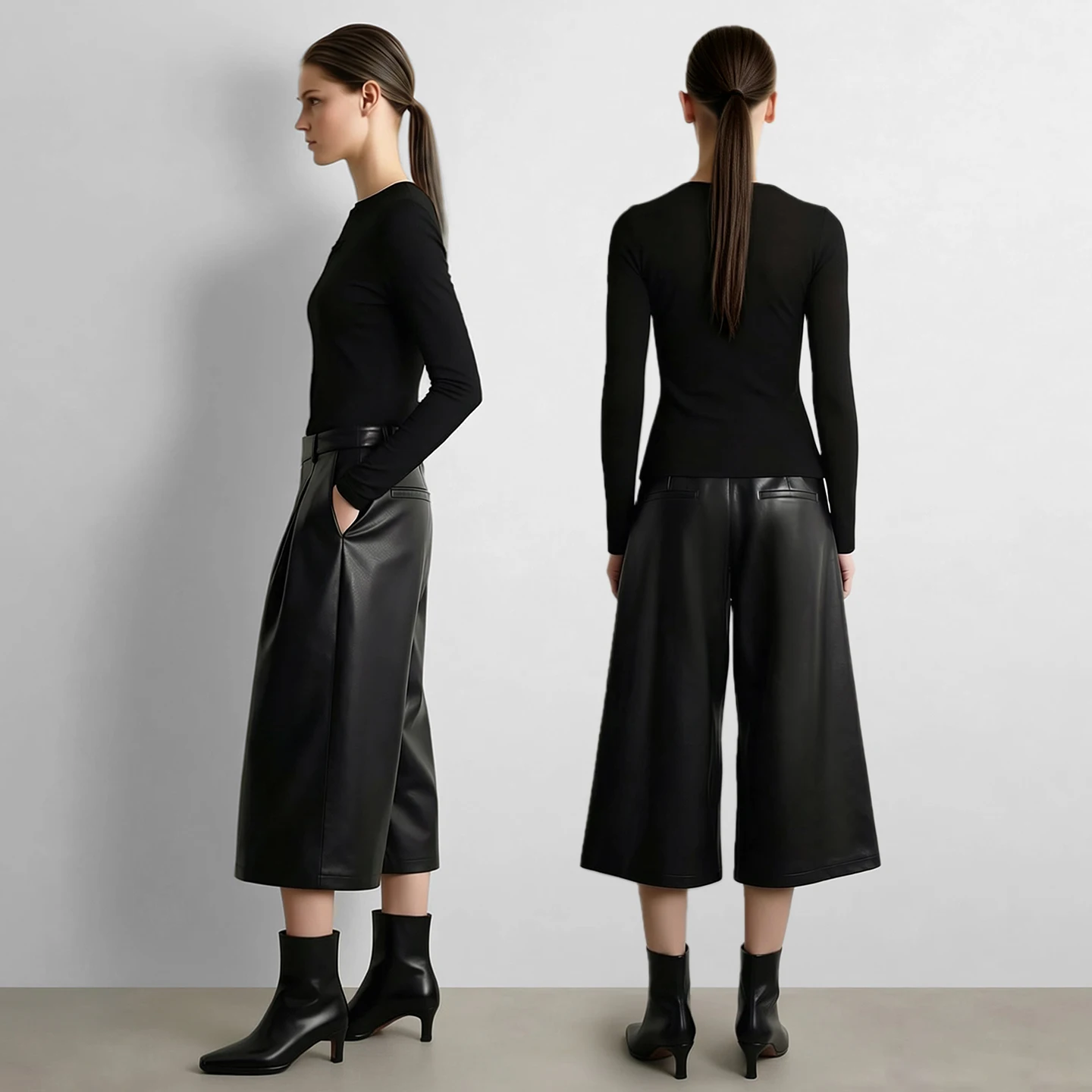 Amii Women's Faux Leather Trousers Vintage Wide Leg Loose Fit Casual Commuter Winter Cropped Capri Pants Woman Bottoms 12624004