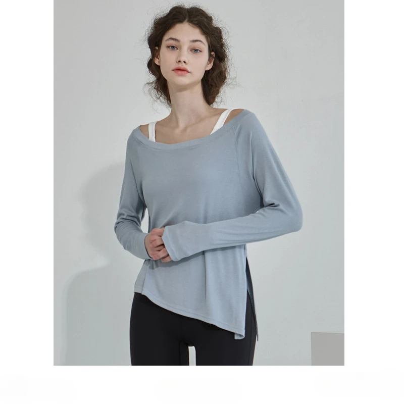 

Autumn New Fashion Yoga Wear Loose T-shirt Fitness Oblique Slit Long Sleeve Sports Tops Women Clothing