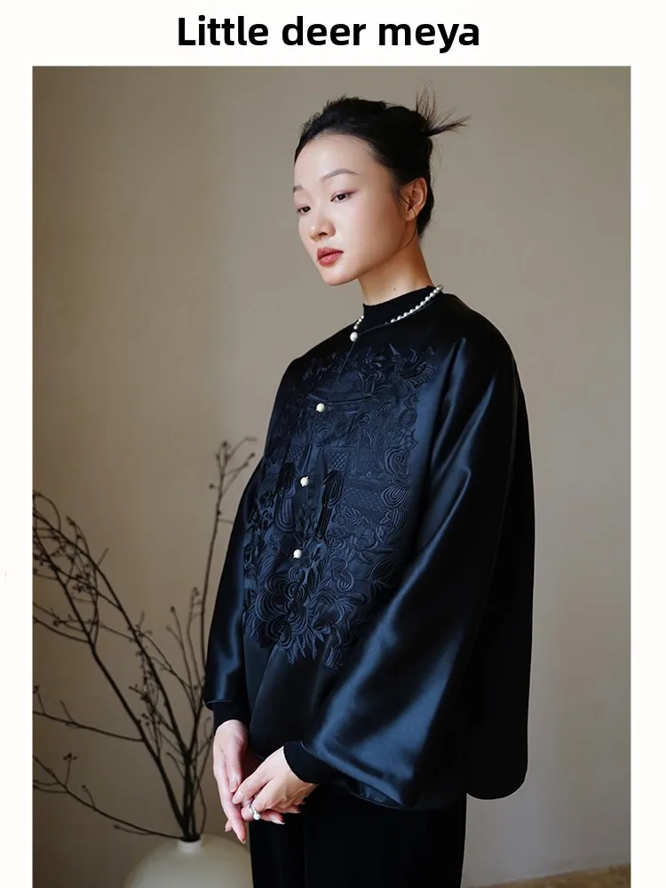 

New Chinese Sle Heavy Embroidery Cotton Jaet Acetate Satin Surface Autumn Winter Long Sve round Ne Single Button Clo...