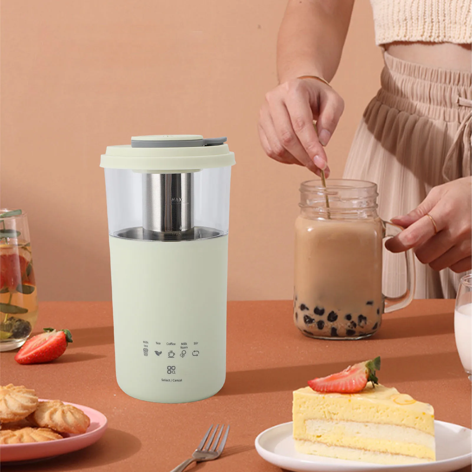 

300W Travel Electric Tea Kettle 350ML Portable Small Mini Coffee Kettle Milk Foam Maker Fast Heat Personal Water Boiler Beige EU