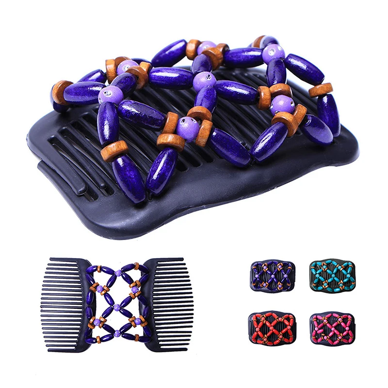 Stretchy Double Comb Hair Clip Adjustable Elastic Hair Comb Wood Beaded Hair Pins Hair Accessories for Women Ponytail Bun Maker