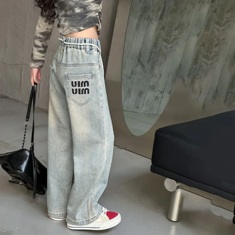 Girl\'s Hot Diamond Embroidered Jeans 2024 Spring Children Kids Wide Leg Pants  Korean Edition Loose Trousers for Girls 120-170cm