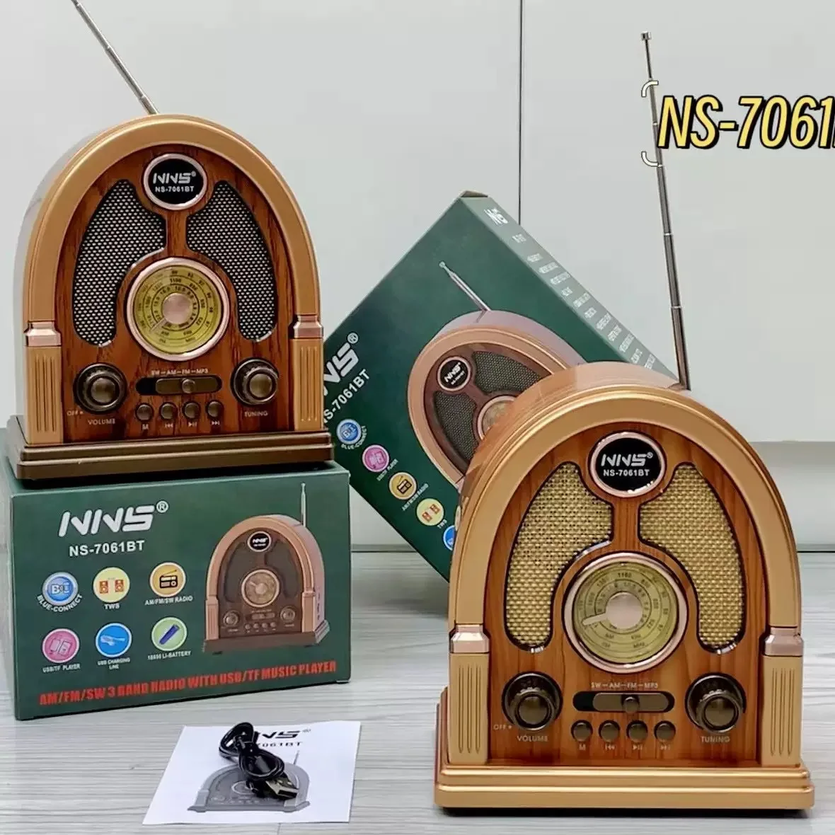 جديد خمر خشبية NS-7061BT مكبر الصوت اللاسلكي المحمولة 3-الفرقة هوائي خارجي راديو FM بطاقة USB مكبرات الصوت مشغل قابلة للشحن