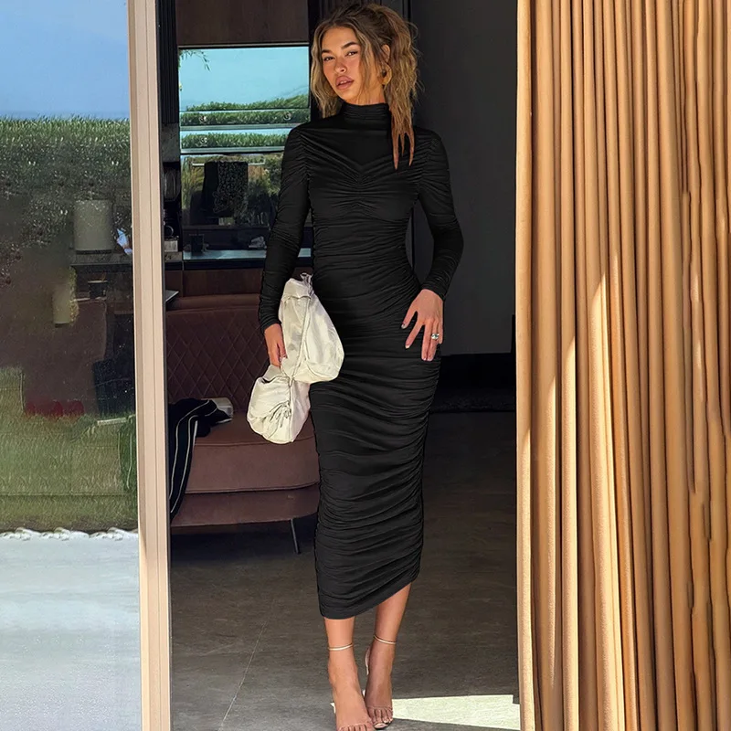 Outono estilo europeu americano gola mandarim vestido feminino elegante fino ajuste smocked cintura bodycon nicho vestidos de festa de escritório