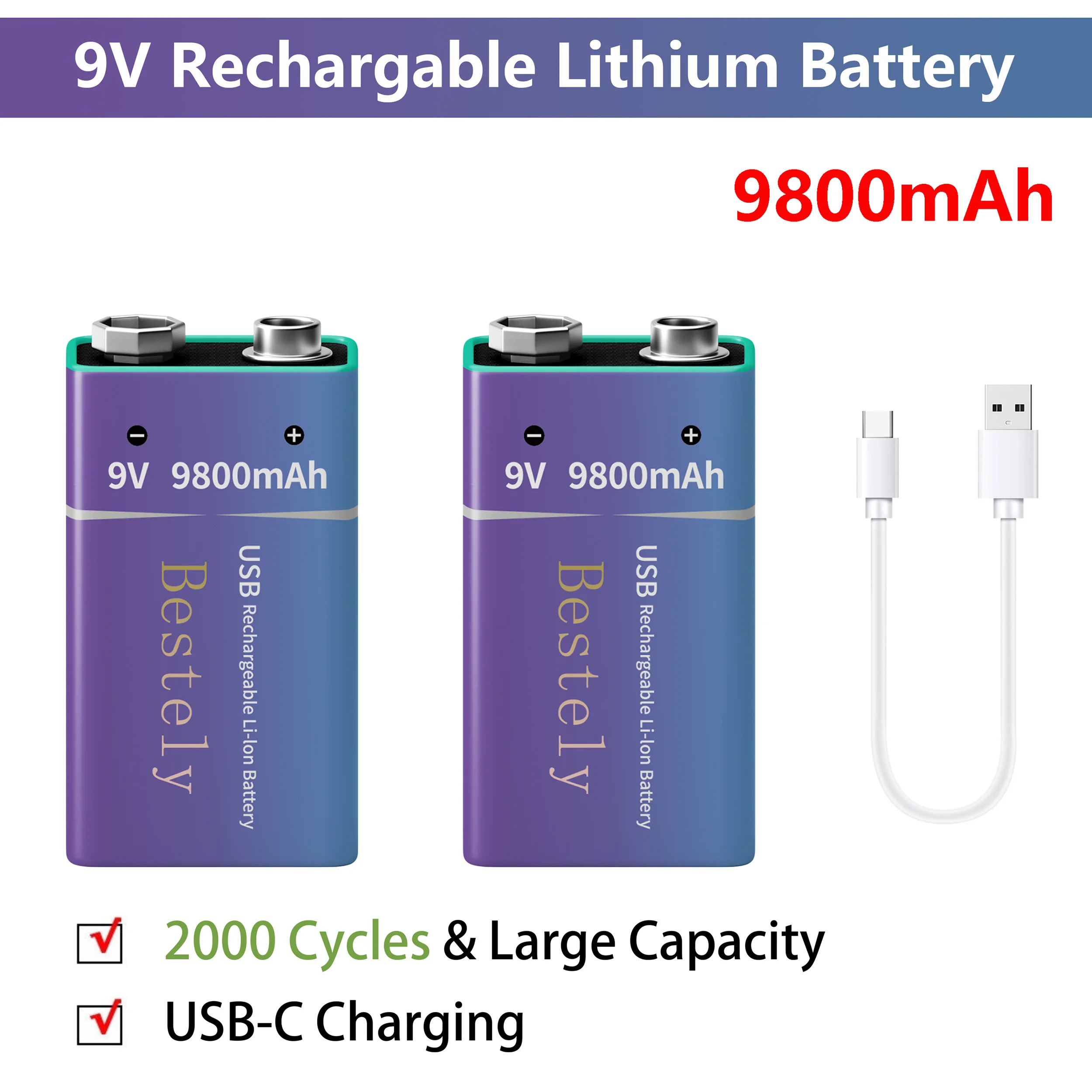 Stable 9V-9800mAh Battery USB-C Charging Rechargeable Lithium Long lasting Batteries for Multimeter/Microphone Smoke Detector