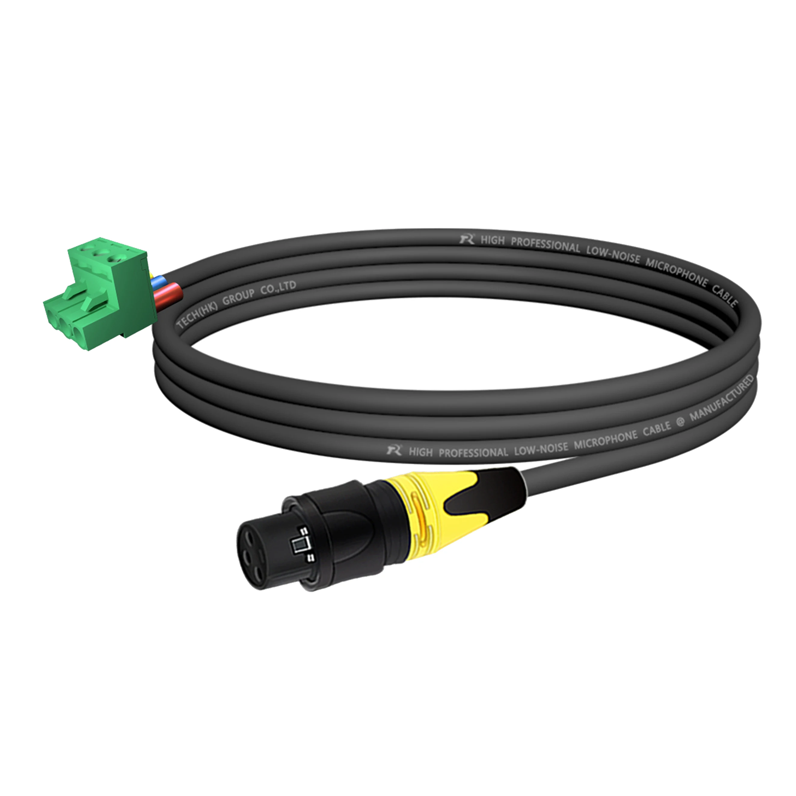 XLR mit schwarzem Rückgehäuse, mehrfarbiger rutschfester Abdeckung, verbunden mit 5,08 mm 3-poligem Phoenix-Steckeranschluss, für Audiogeräte. – Detail 13