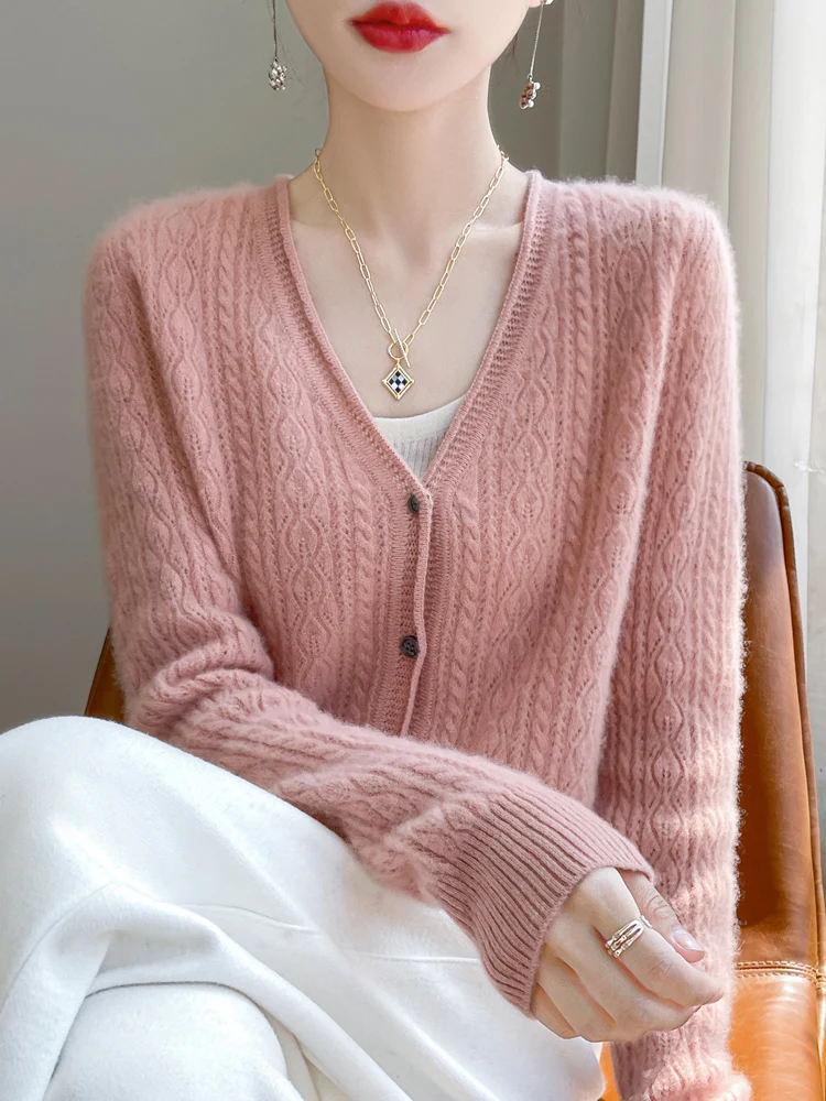 New Autumn Winter Women Cashmere Sweater 100% Merino Wool V-Neck Cardigan High Quality Soft Knitwear Star Style Casual Tops