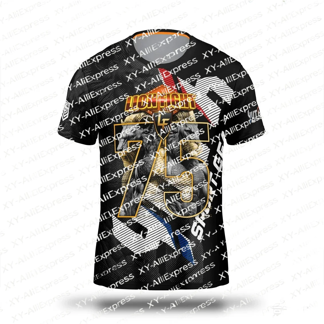 Men Black Lion Fight Loose T-Shirt with Gold Geometric Pattern, Short Sleeve MMA BJJ Training Shirt, Quick-Dry Boxing Sports Tee