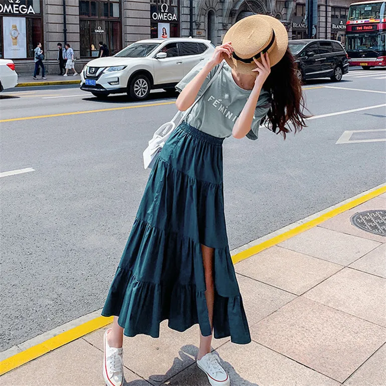 Korea style Women streetwear Linen Cotton Long Skirts Pleated Asymmetry Maxi Skirts Beach Boho Vintage Autunm Skirt 5XL 6XL