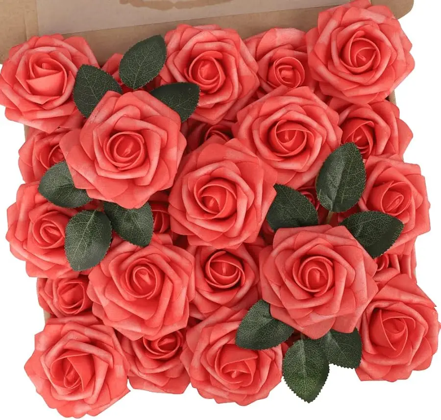 

Artificial Flowers 25pcs Real Looking Coral Foam Fake Roses with Stems for DIY Wedding Bouquets Bridal Shower Centerpieces Flora