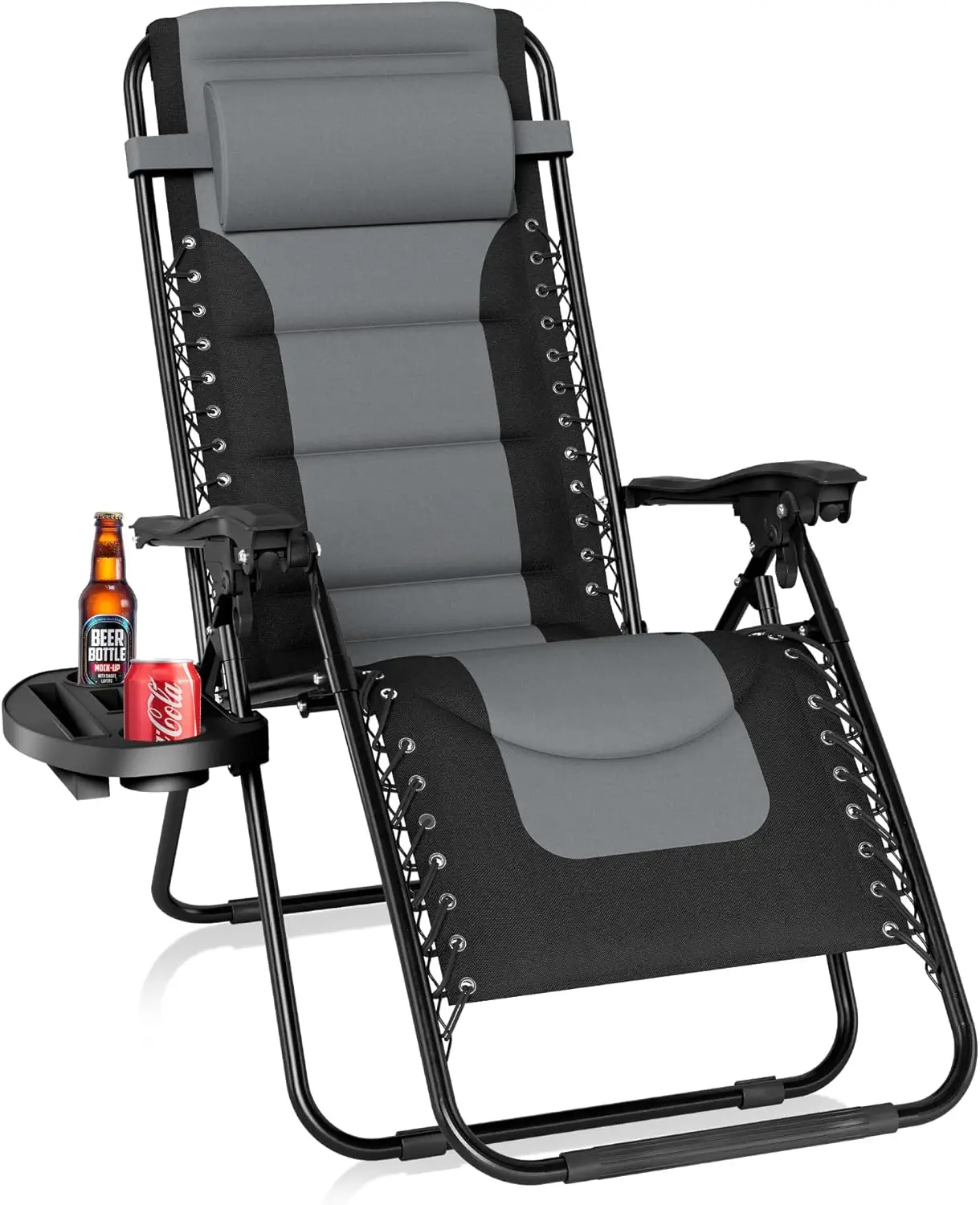 

Padded Zero Gravity Lounge Chair Folding Patio Recliner with Adjustable Headrest & Cup Holder, Support 350 LBS (Grey)
