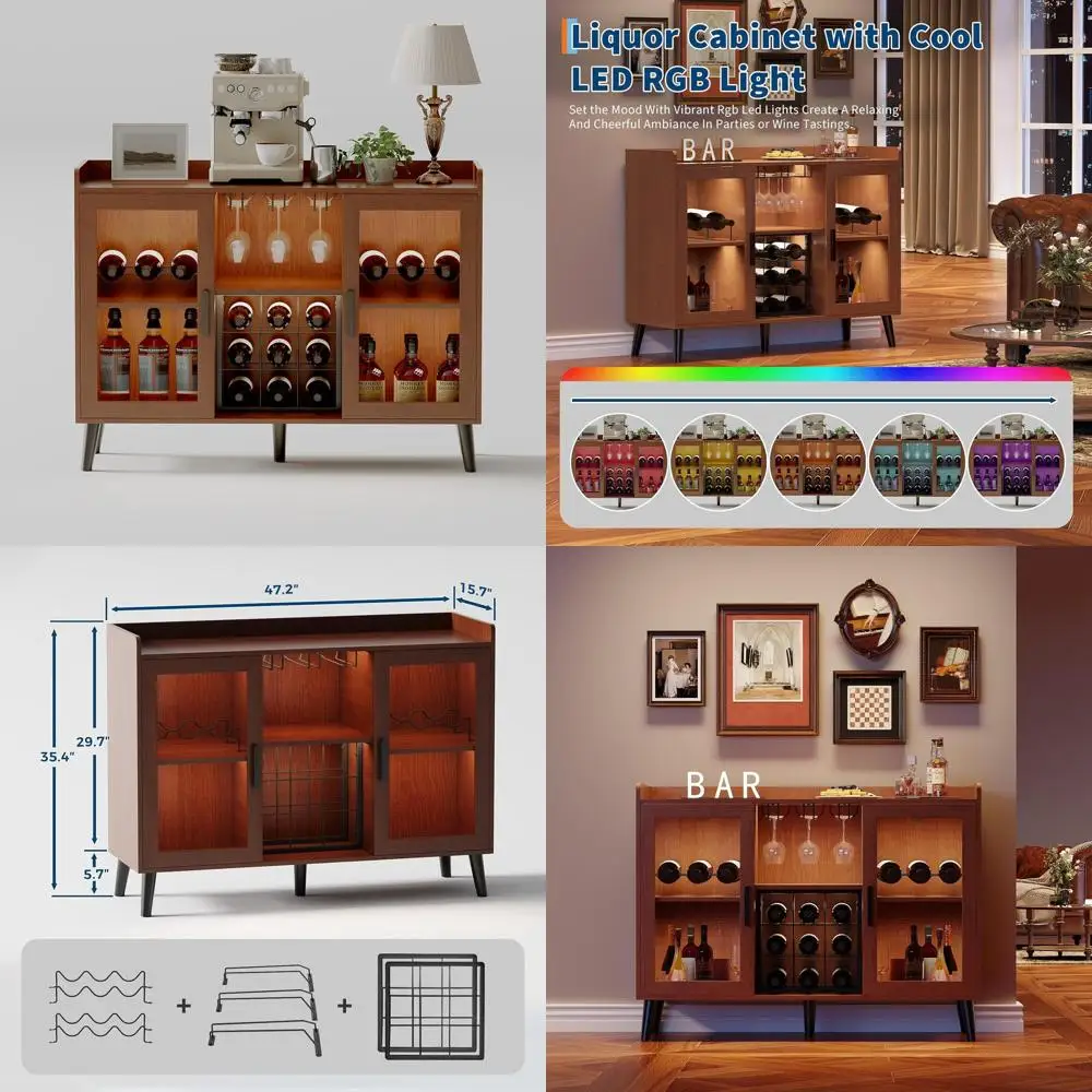 

Винный шкаф из орехового дерева со светодиодной подсветкой, стеклянными дверцами, полками, держателями и деревянной кофейной стойкой для дома, гостиной, кухни