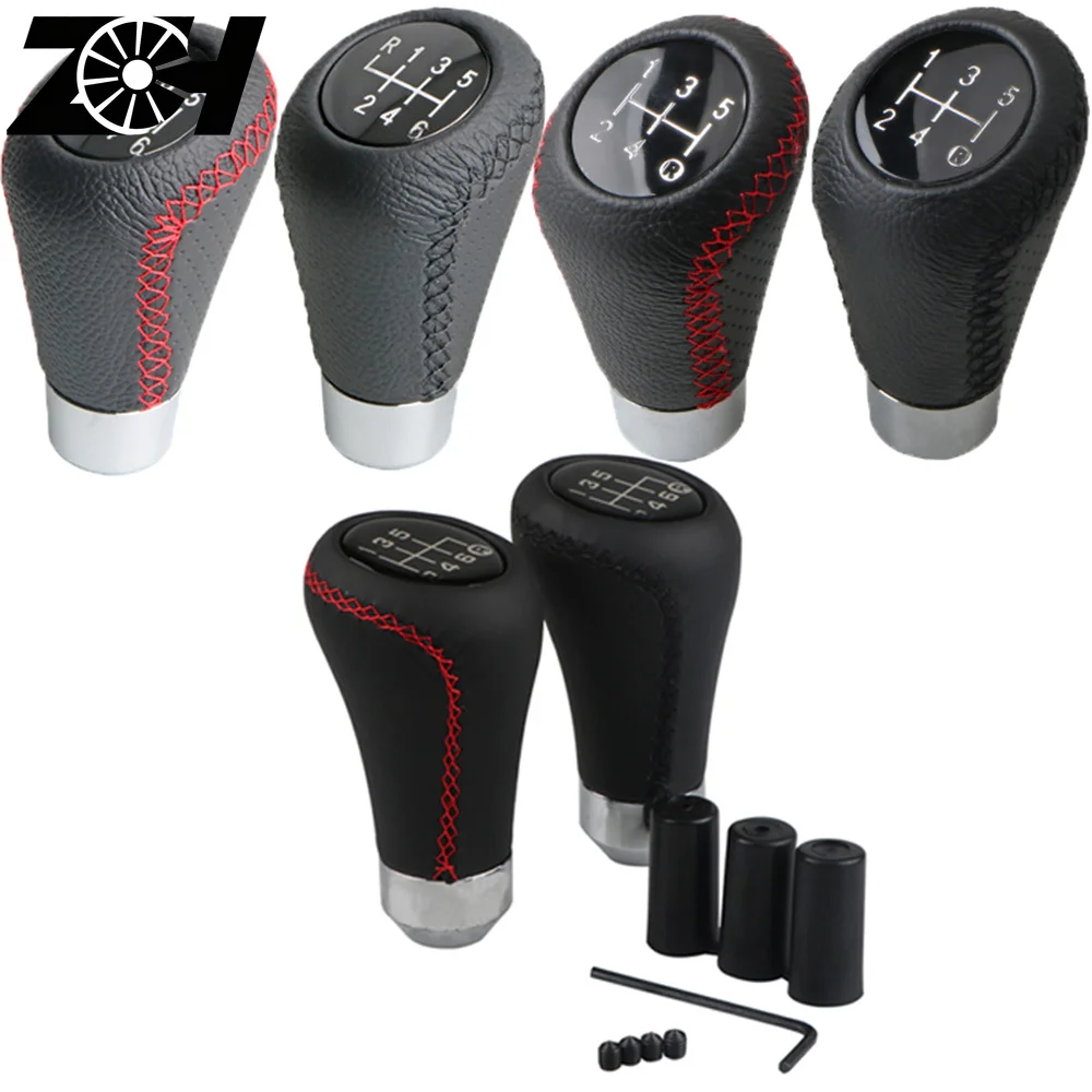 5 6 Speed Car Manual Leather Red Stitch Gear Stick Shift Knob Shifter Lever Pen Replacement Gearstick Car Interior Parts AT MT