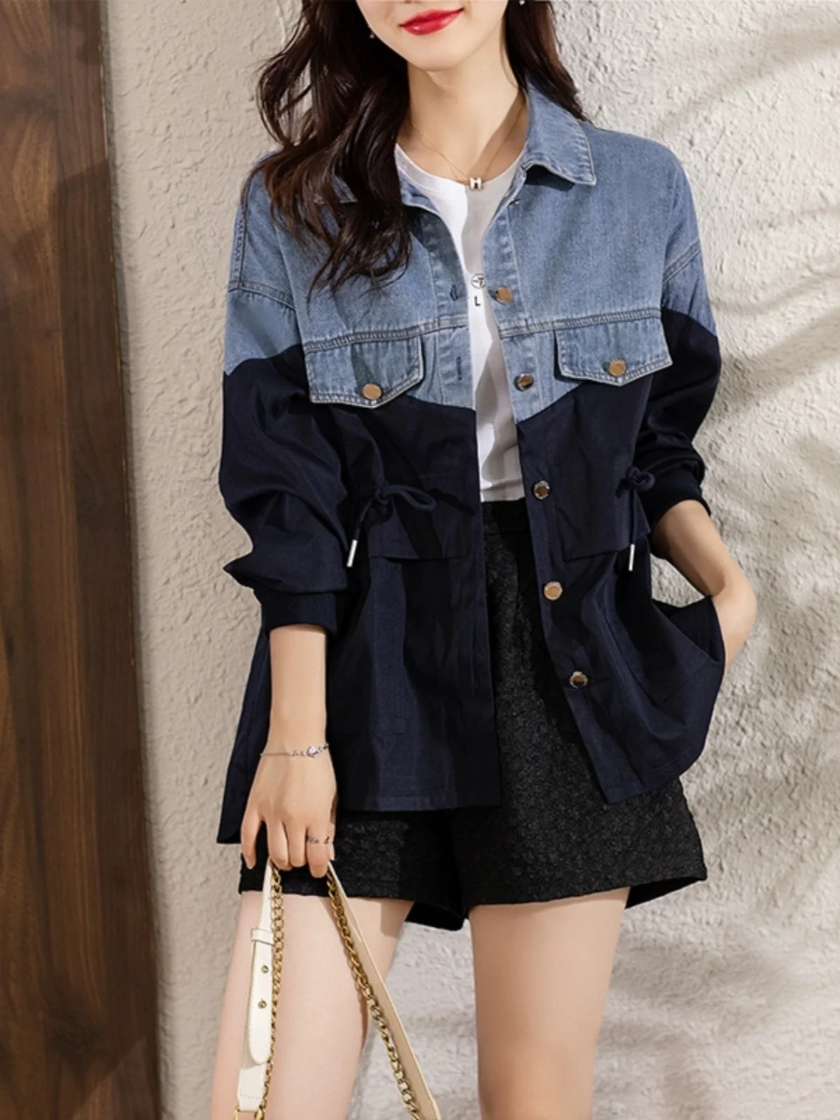 Vintage Washed Contrasting Denim Patchwork Jacket Women Splicing Style Drawstring Coat Loose Casual Waist Tied Long Sleeved Top