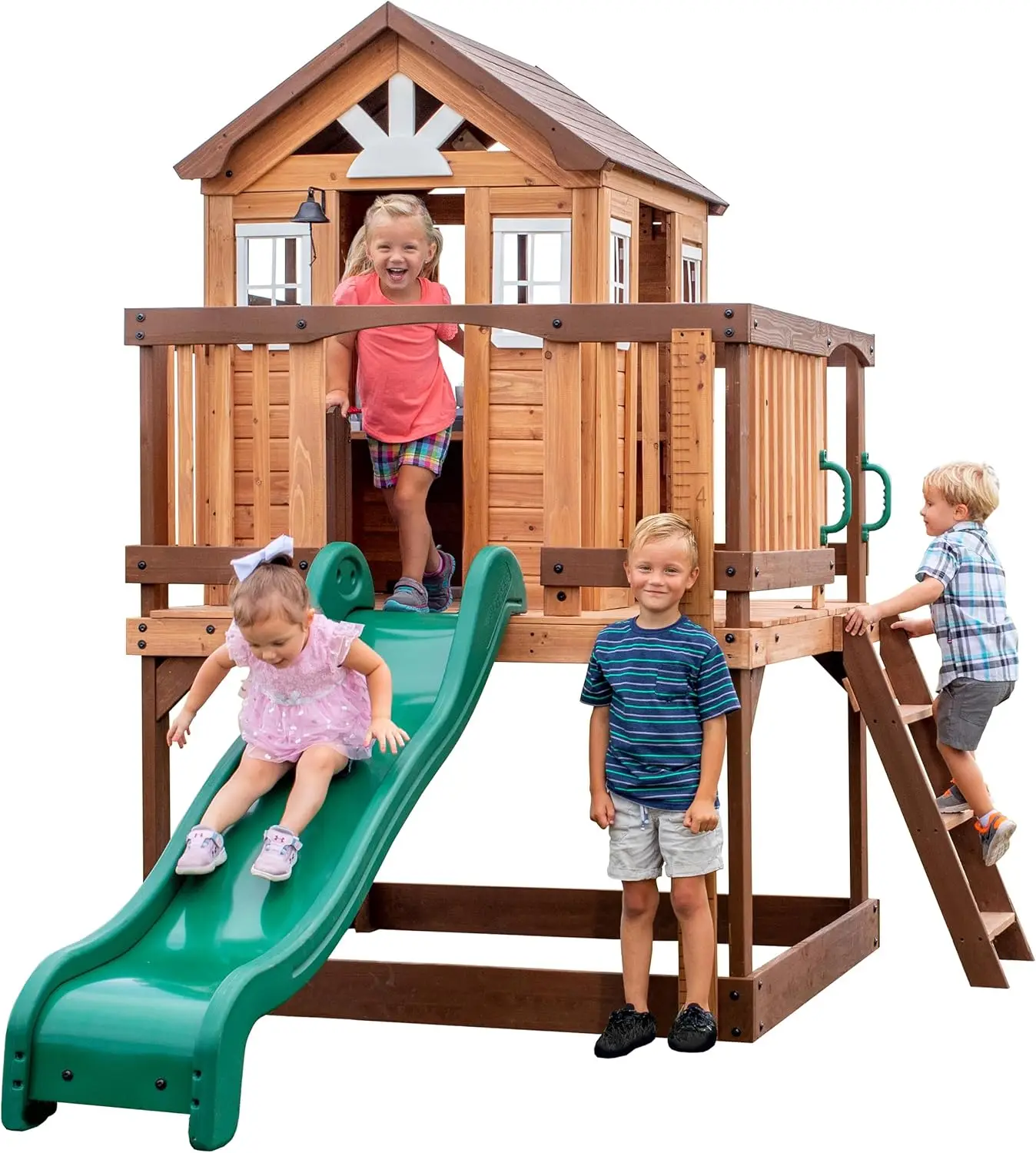 Backyard Discovery Echo Heights Elevated Cedar Playhouse, Play Kitchen, Powered Blender, Working Bell, 6 ft Wave Slide, Wrap-Aro