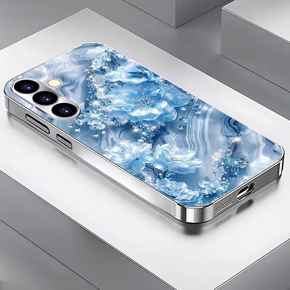 Blue narcissus flower Trend Silver Glass TPU QHD phone case for Samsung Galaxy S26 S25 S24 S23 S22 FE,Ultra,Plus Dropresistant