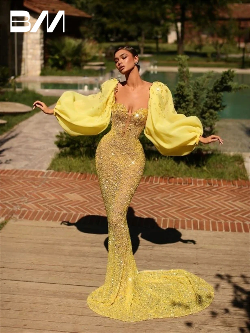 

Yellow Sequined Mermaid Evening Dress Lantern Sleeves Women Sexy Illusion Prom Dresses Maxi Luxury Party Gown Robe De Soriee