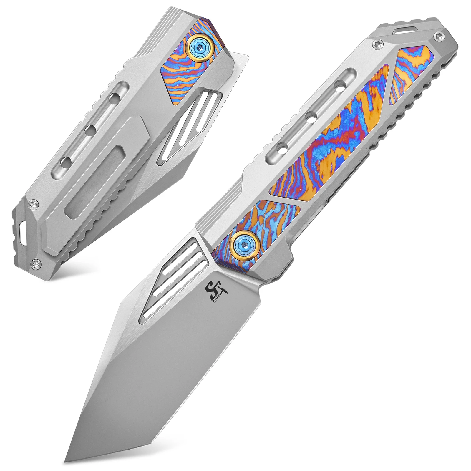 Sitivien ST278 Folding Knife S90V Steel Blade Titanium Timascus Inlaid Handle Knife with Pocket Clip for Outdoor Camping Hiking