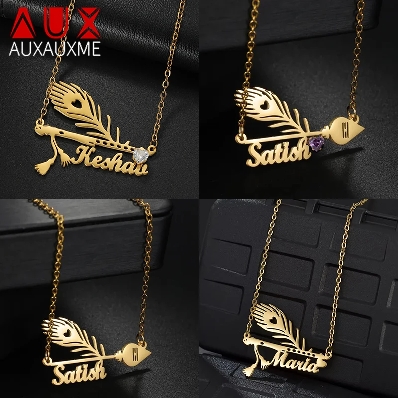 

Auxauxme ожерелье с павлиньим пером на заказ, ожерелье из нержавеющей стали с персонализированным сердцем и цирконием, ожерелье с подвеской в виде имени для женщин, ювелирные изделия