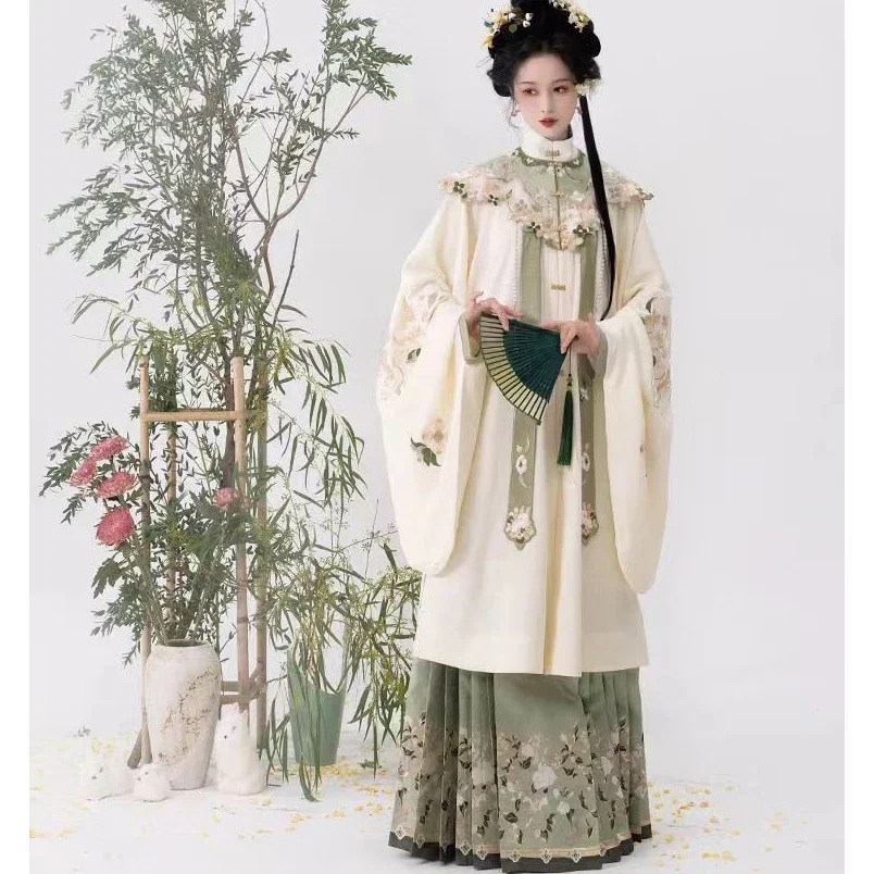 

2024 Chinese Traditional Ma Mian Dress Ming Dynasty Hanfu Women’s stand-neck shirt Embroidery Robe Horse Face Skirt Set Clothes