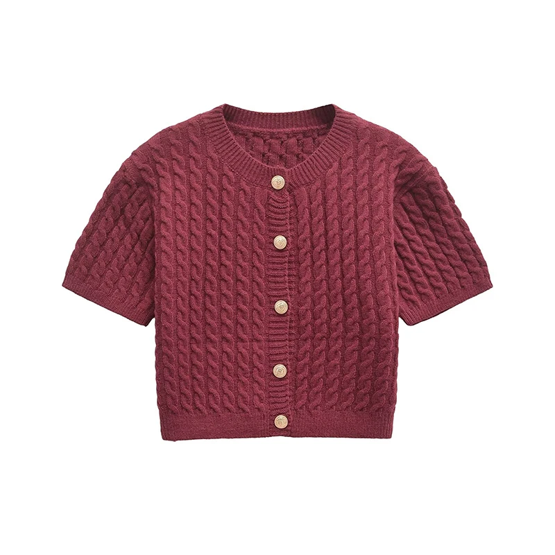 YENKYE Elegant Wine Red Knit Cardigan Women  Single Breasted Short Sleeve Crop Sweater Outerwear Autumn All-match Knitwear