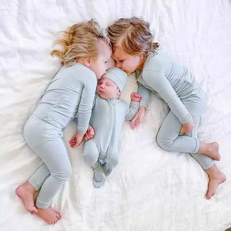 2023 Bamboevezel Voor Kinderen Pyjama Effen Lange Mouw Broek Ademende Nachtkleding Peuter Jongens Meisjeskleerkleding Outfits