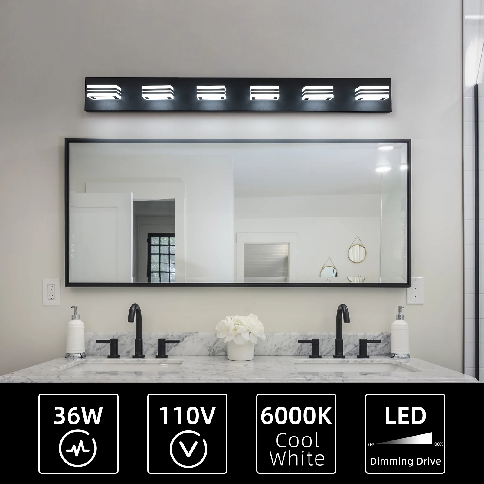 Luzes de vaidade pretas modernas de LED, luzes de vaidade de banheiro preto fosco acrílico de 6 luzes sobre espelho