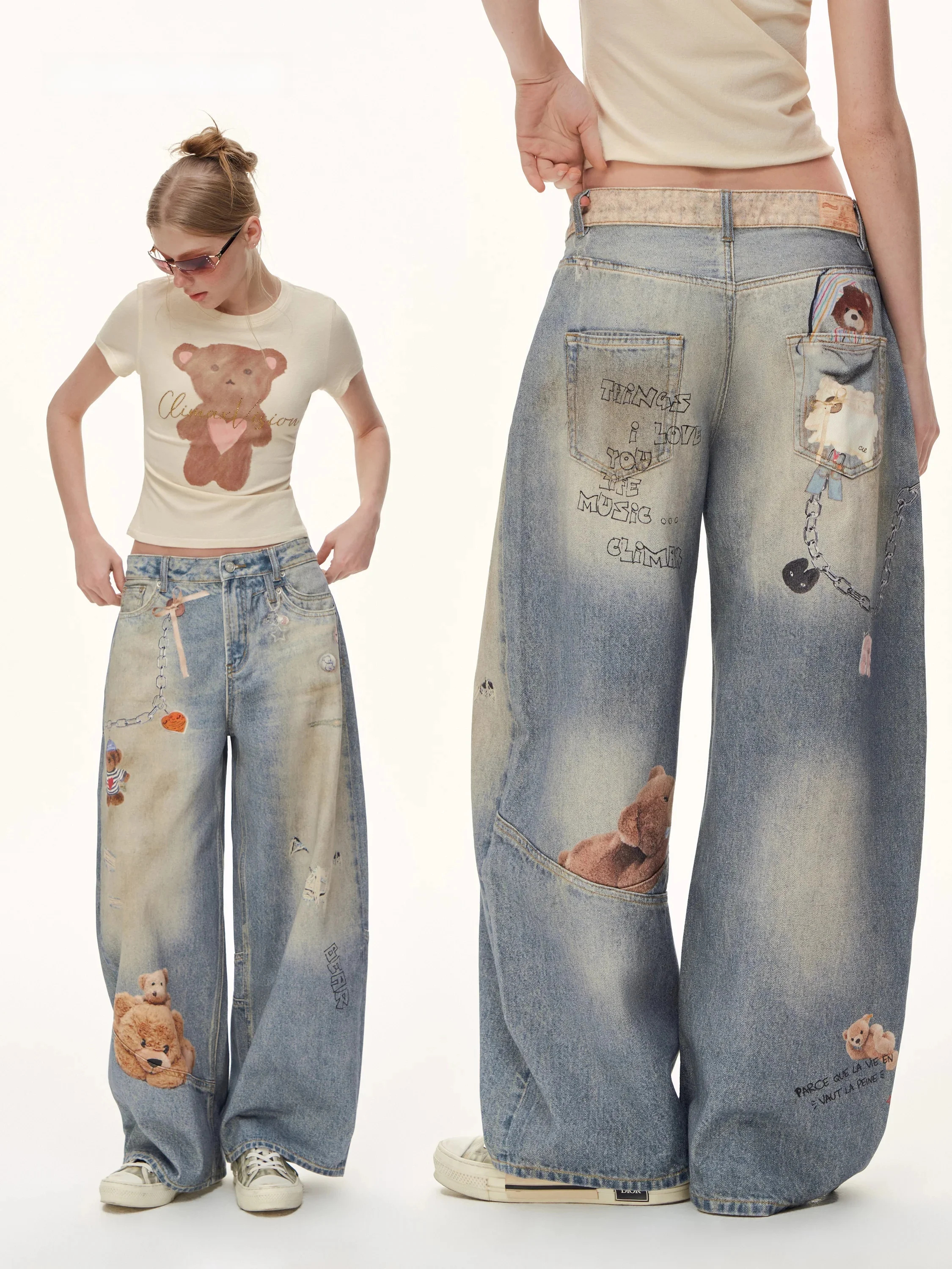 Jeans de Mezclilla Vintage con Estampado de Oso en 3D Climax Vision, Pantalones Largos Anchos y Holgados para Mujer, Estilo Casual, Jeans de Pierna Recta de Algodón