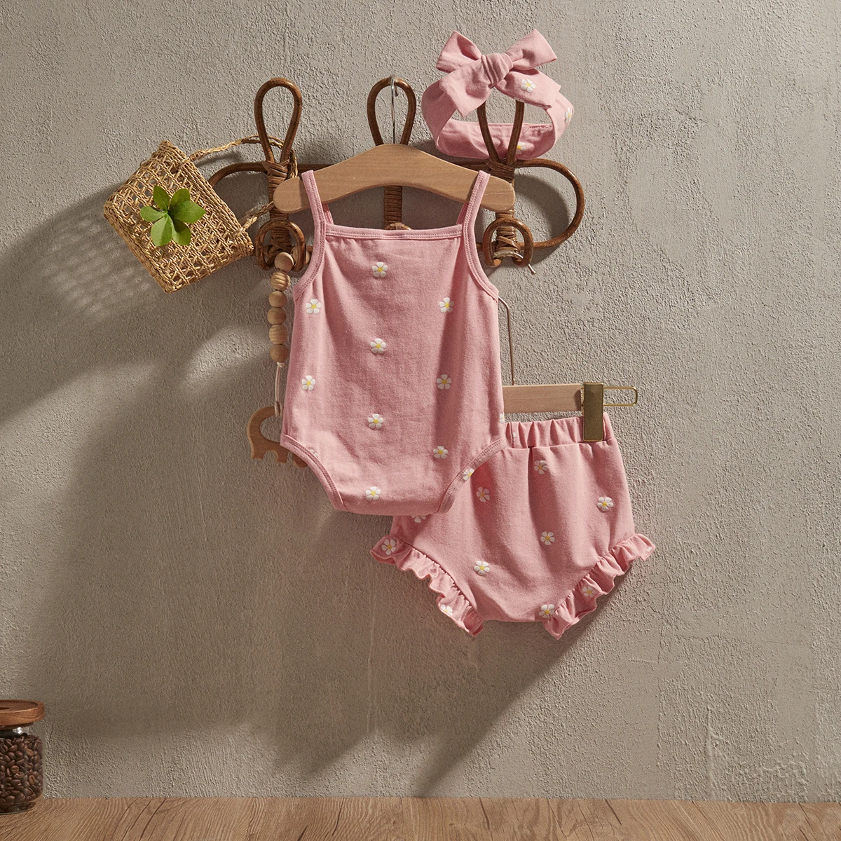 EWODOS Baby Girls Outfit 0-18Months Infant Sleeveless Bow Romper + Ruffle Shorts + Headband Summer Pink 3Pcs Set Newborn Clothes