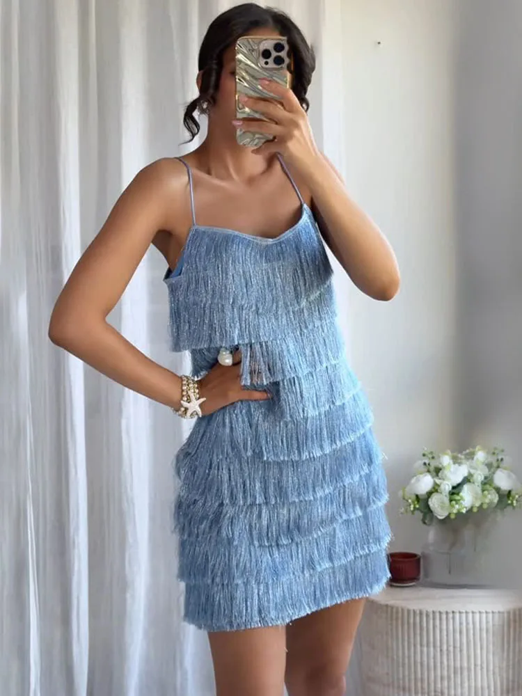 HH Vrouwen Nieuwe Mode Kwastje Gevoerde Mini Jurk Mouwloze Backless Sexy Slanke Jurken Vrouw Zomer Blauw Party Halter Jurk
