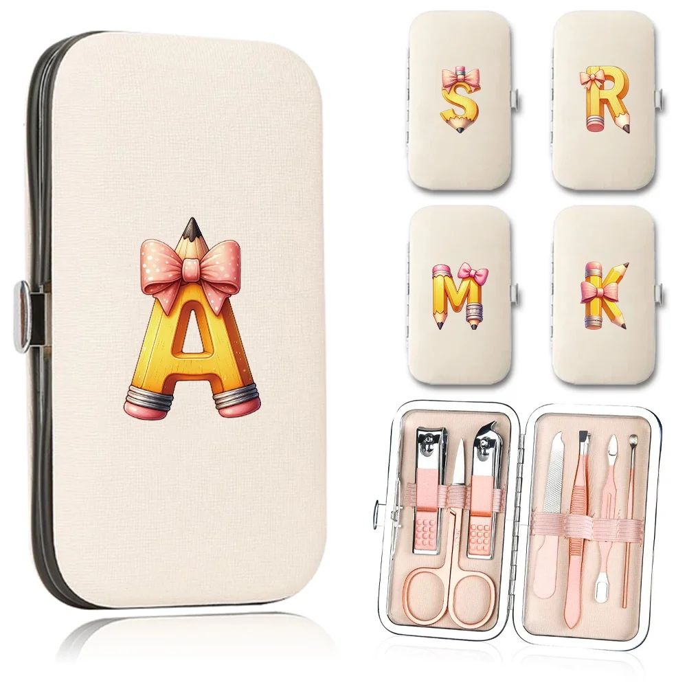 

7pcs Stainless Steel Nail Clipper Set Portable Nail Care Set Initial Name Pencil Letter 26 Letters Pattern