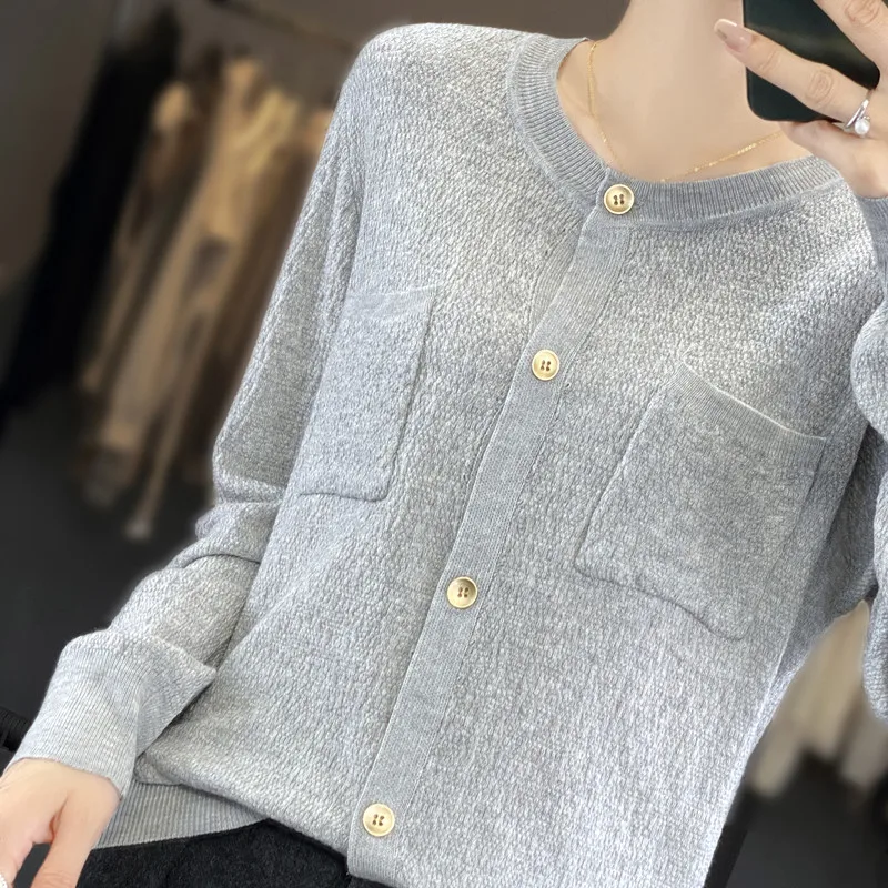 Texture button early spring new Blouse women's spring and autumn vintage top versatile design sense cardigan