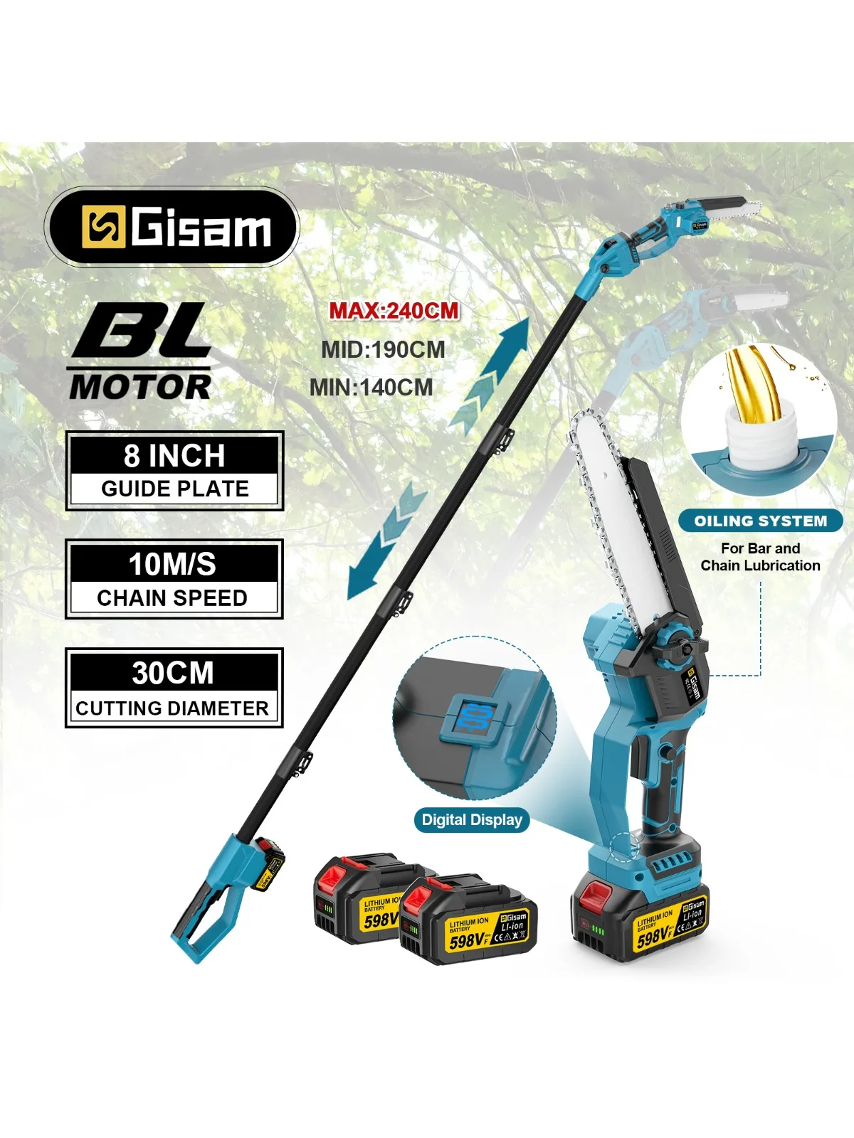 Gisam Bürstenlose Teleskop-Elektrokettensäge, Astsäge, Gartenpflegewerkzeug für Makita 18V Akku