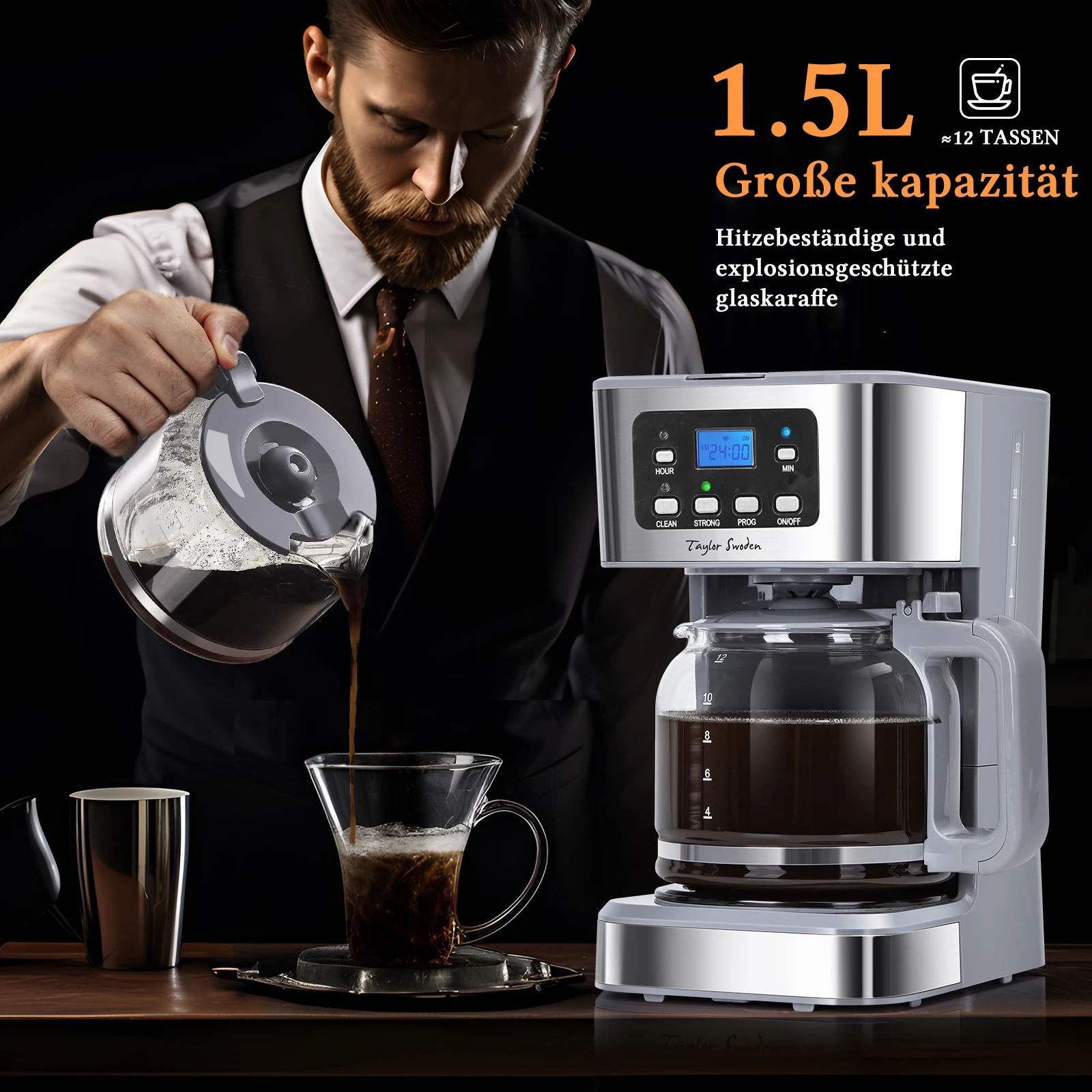 ماكينة صنع القهوة TAYLOR SWODEN بقدرة 950 وات مع مؤقت، ماكينة صنع القهوة بفلتر 1.5 لتر، 12 كوب، إيقاف تلقائي، توقف بالتنقيط، فلتر قابل لإعادة الاستخدام