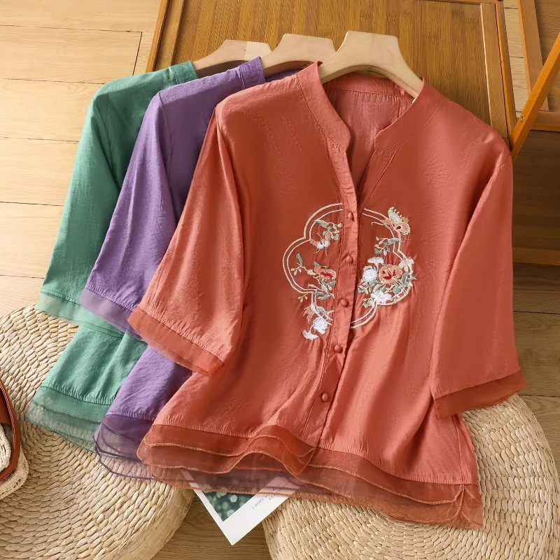 النمط الصيني الملابس النسائية البلوزات خمر قمصان مطرزة ملابس الصيف فضفاضة قصيرة الأكمام القطن الكتان النساء بلايز #1
