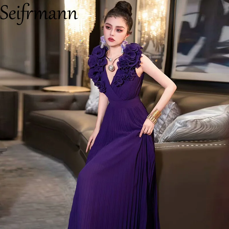 Seifrmann ソリッドノースリーブアップリケロングドレス V ネックハイウエストプリーツデザイン女性のパーティーイブニングドレス