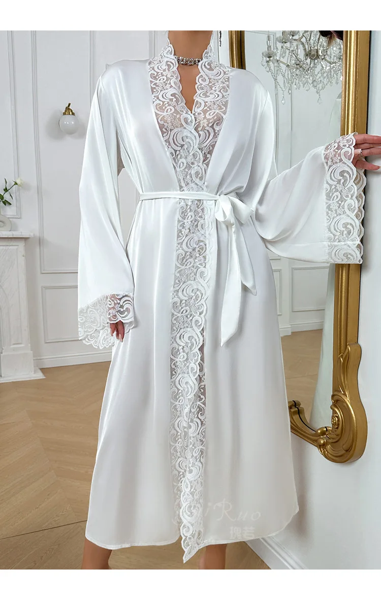 

Ladies, sweet and elegant long-sleeved silk pajamas, sexy and pure desire low-cut open-front nightgown for home wear