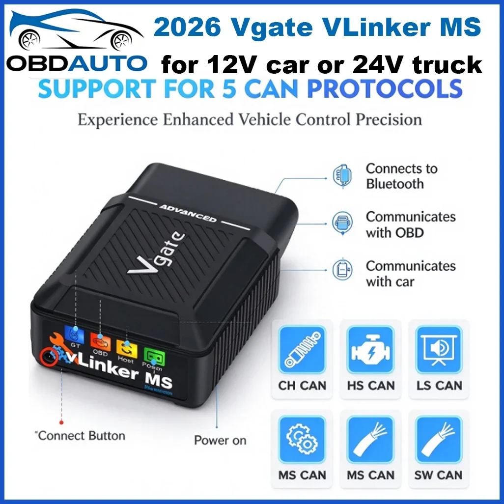 2026 Vgate Vlinker MS Bluetooth OBD2 Scanner for 12V / 24V All Systems Diagnostic Tool ELM327 V2.3 CH LS CAN For iOS/PC/Android