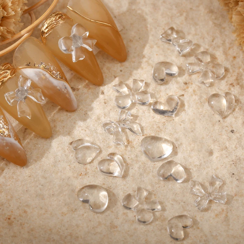 100PCS Translucent Transparent Glitter Clear Pearch Love Heart Bow Ribbon Nail Art Rhinestones Jewelry Manicure Charms Suppliers