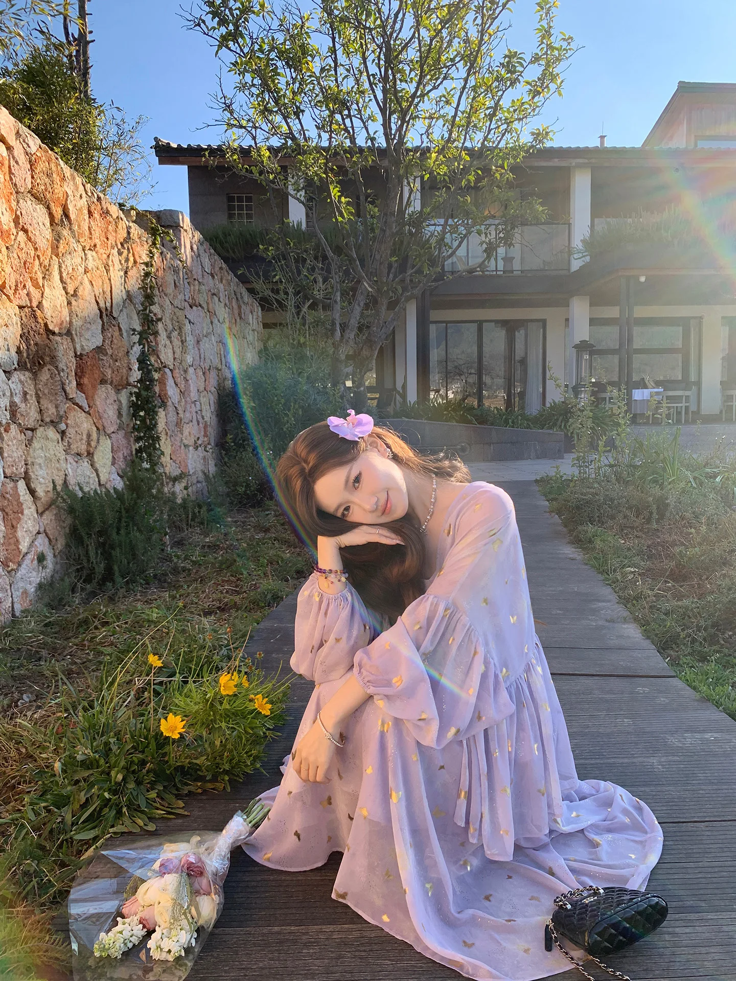 

DbyDoi Early Spring Two-Piece Set Purple Long Dr Women's Faionable Skirt Ensemble Bubble Sve V-Ne High Waist