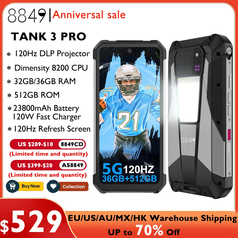 8849 Tank 3 Pro от Unihertz Прочный проектор Смартфон Android 23800 мАч 32/36 ГБ ОЗУ 512 ГБ ПЗУ 5G 120 Вт Зарядное устройство OTG Телефон