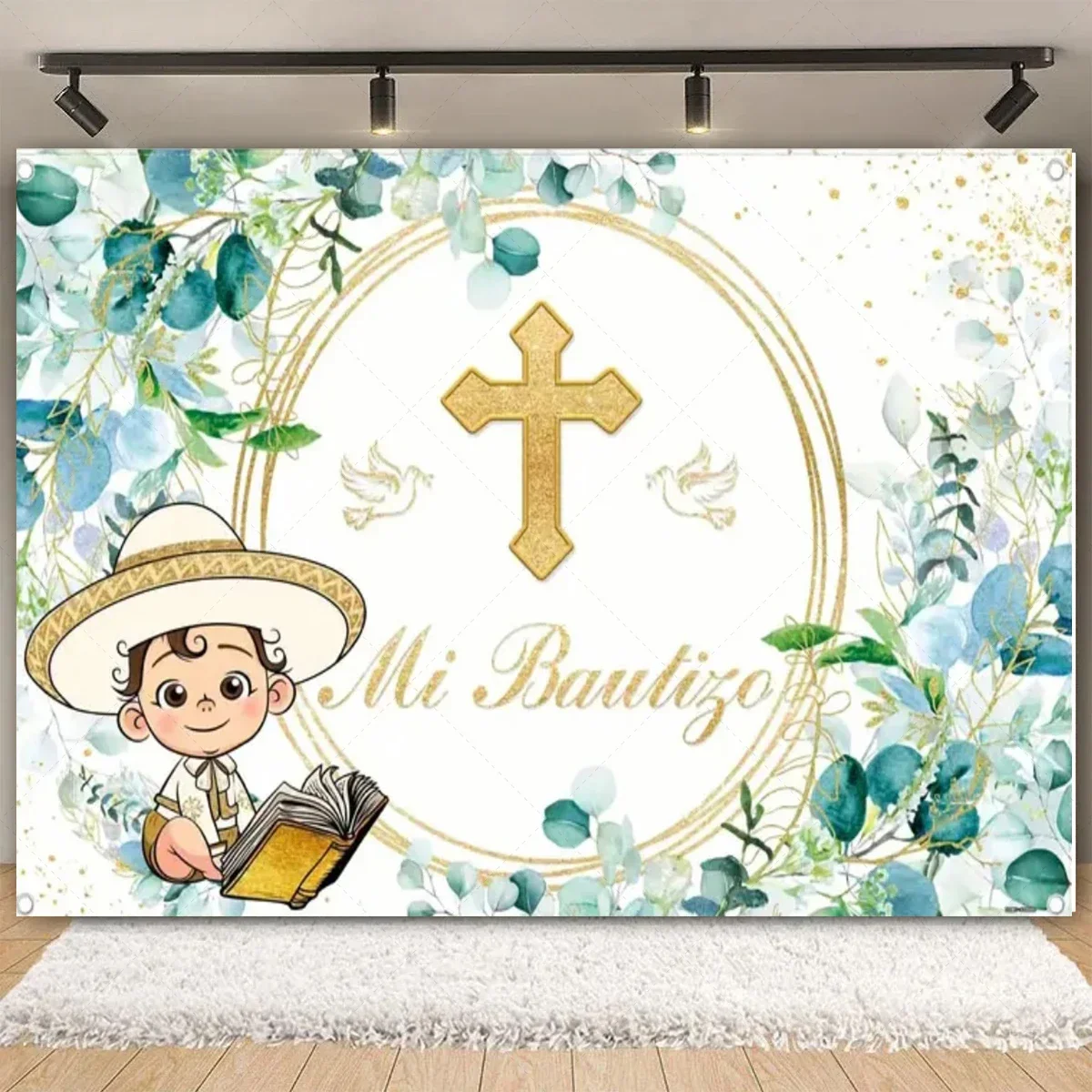 Mi Bautizo Birthday Party Backdrop Background Baptism Cross Dove Angel Boy Floral Greenery Gold Glitter Decor Photo Booth Props