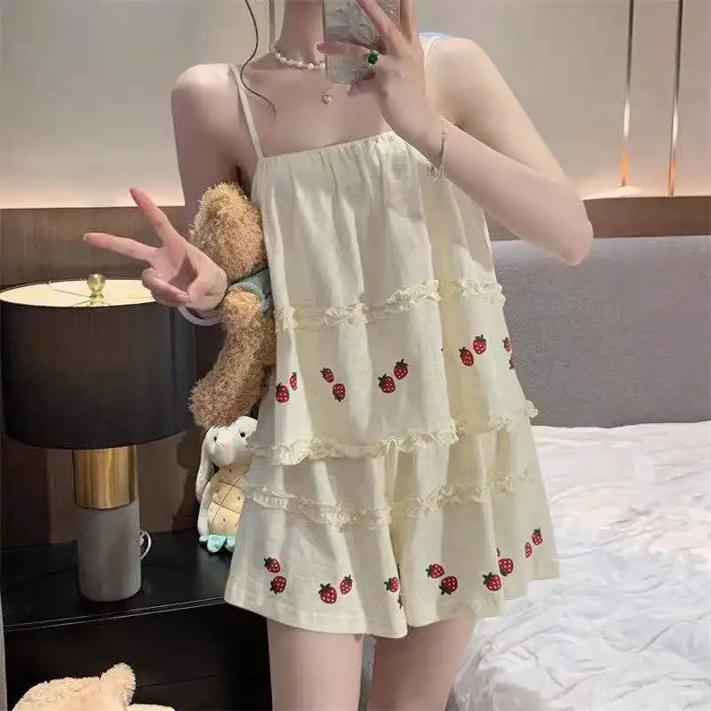 Pajama Sets Women Summer Thin Sweet Cute Strawberry-print Fungus Edge Sleeveless Kawaii Student All-match Leisure Elegant Tender